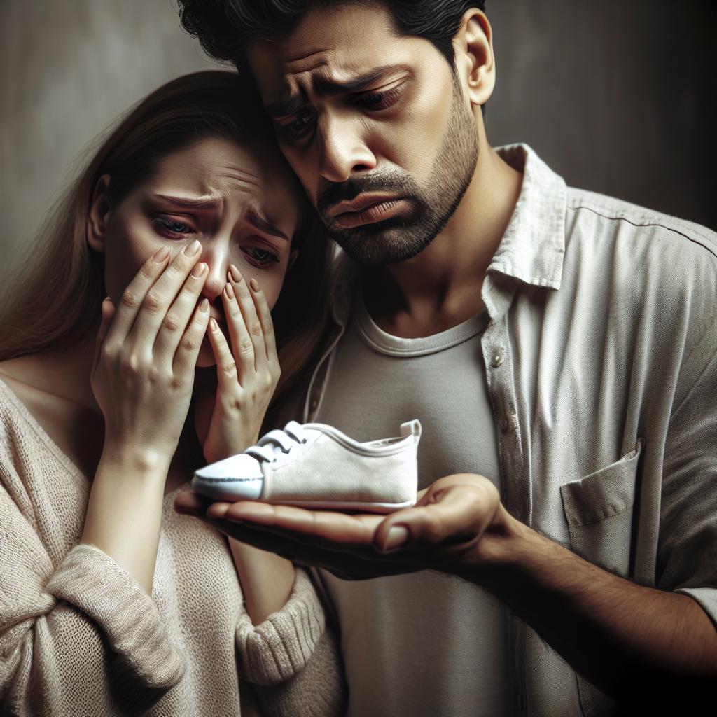Grieving couple holding baby shoes