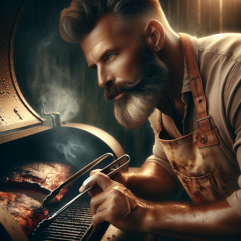 Pitmaster tending slow-burning barbecue