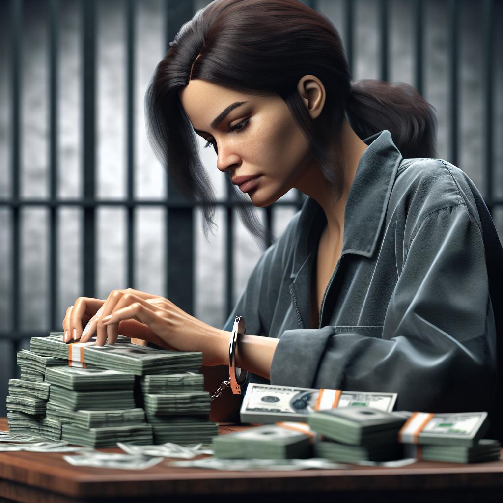 Handcuffed convict counting money
