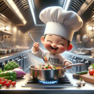 "Animated mini chef cooking"