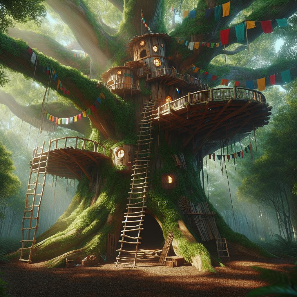 Whimsical tree fort construction
