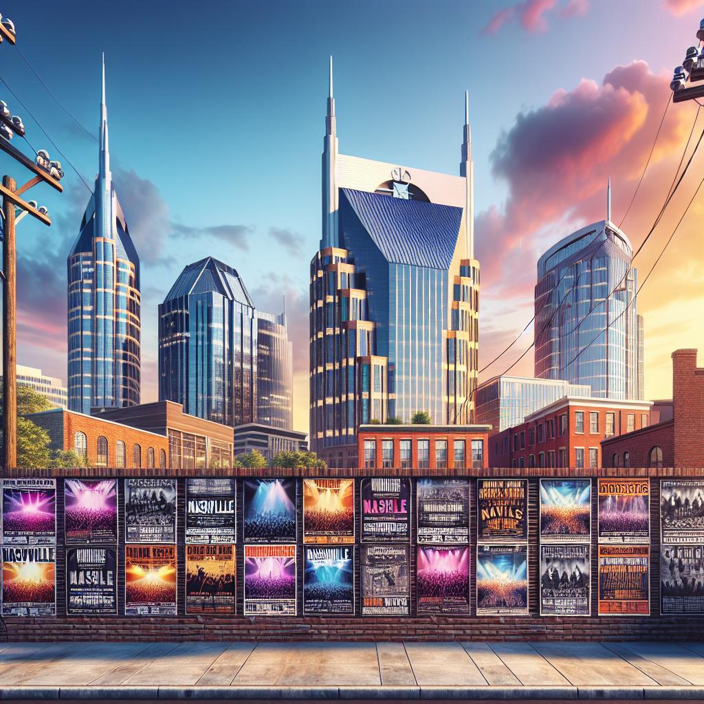 "Nashville skyline with concert posters"