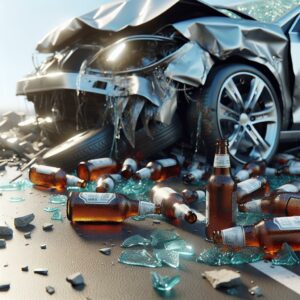Crashed car, empty beer bottles.