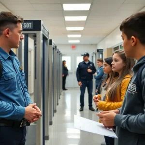 Students discussing school safety with new security measures