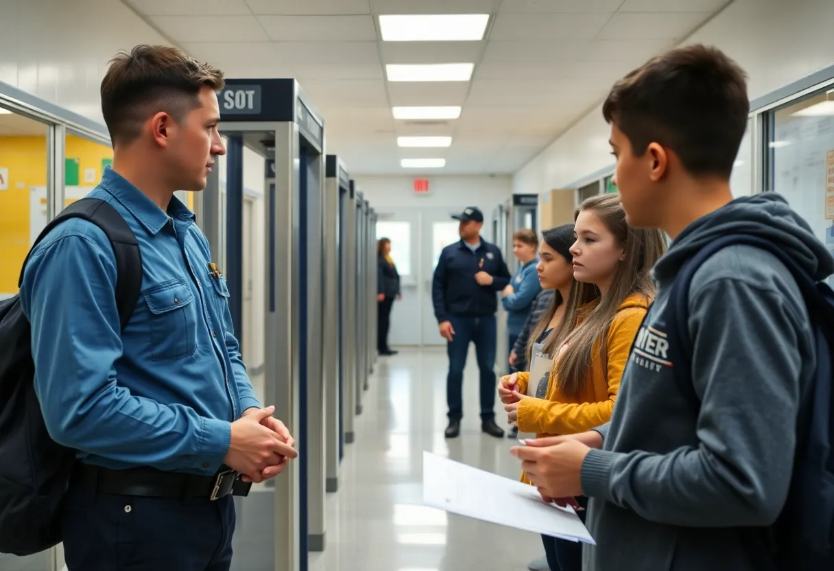 Students discussing school safety with new security measures
