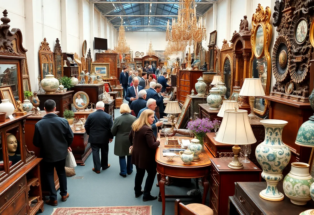 Visitors exploring antique displays at the Antiques & Garden Show in Nashville