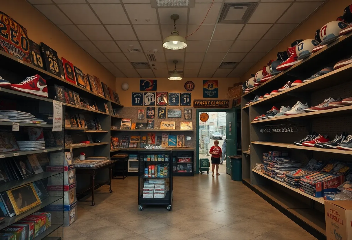 Shelves of a sports memorabilia store after a theft