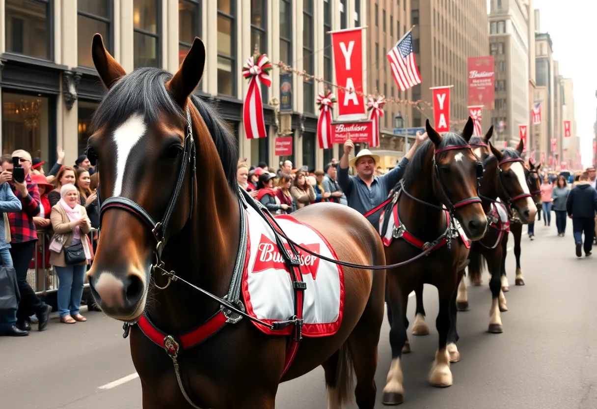 Budweiser Clydesdales marching in a Nashville parade