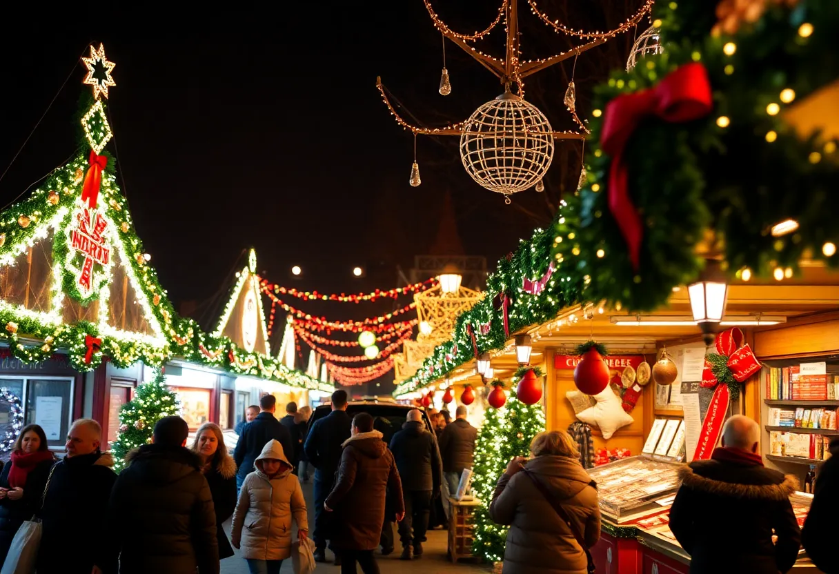 A festive Christmas market in Magdeburg with decorations and the community gathering, showing resilience after a tragic event.