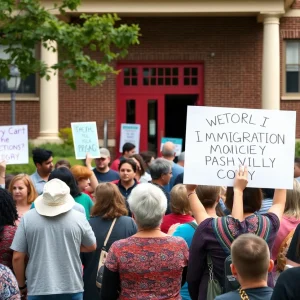Community members discussing ICE policies in Nashville with a school in the background.