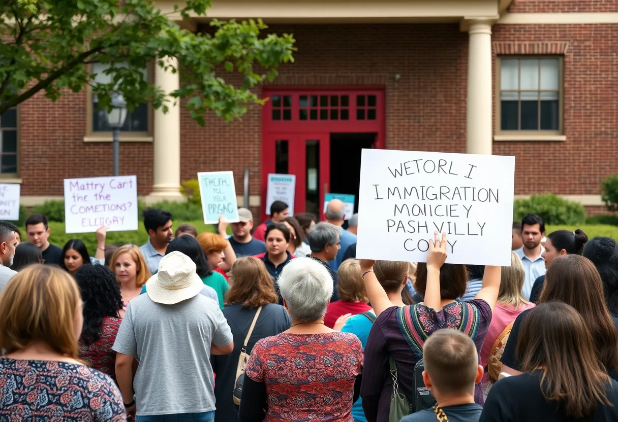 Community members discussing ICE policies in Nashville with a school in the background.