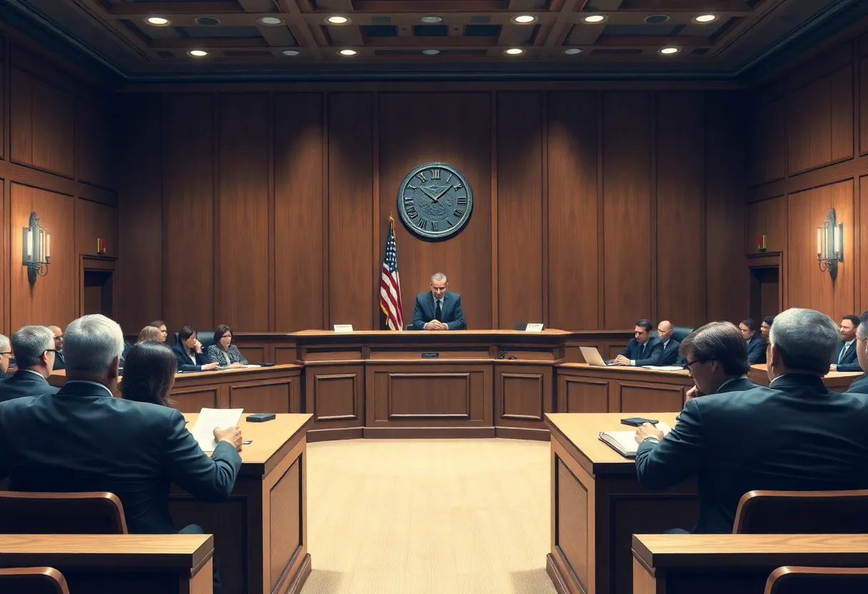 Courtroom scene with judge and legal professionals