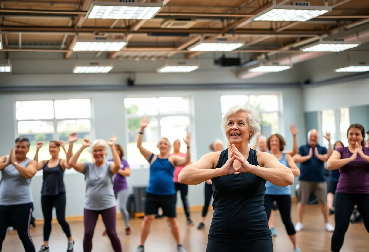 Seniors participating in a fitness class focused on strength training