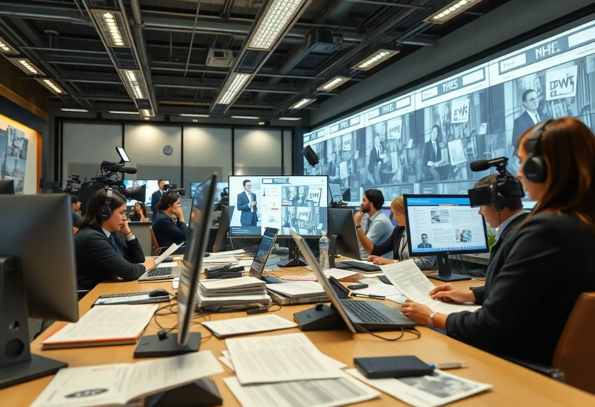 Aspiring journalists working in a newsroom