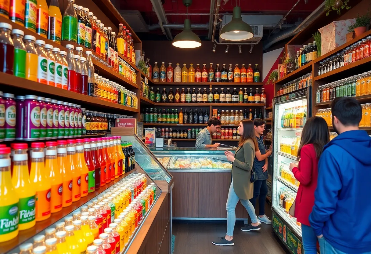 Interior of Killjoy shop showcasing non-alcoholic beverages and visitors engaging with products.