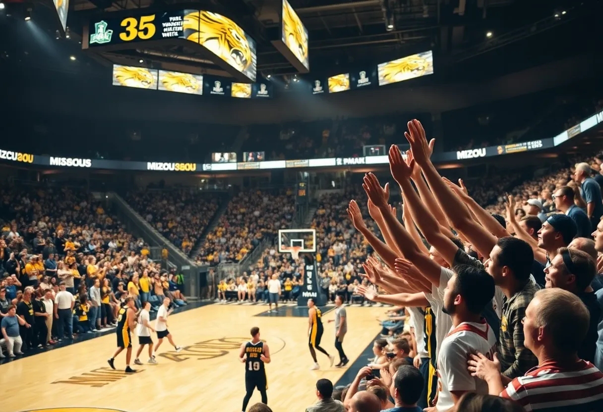 Mizzou basketball team celebrating their victory against Vanderbilt