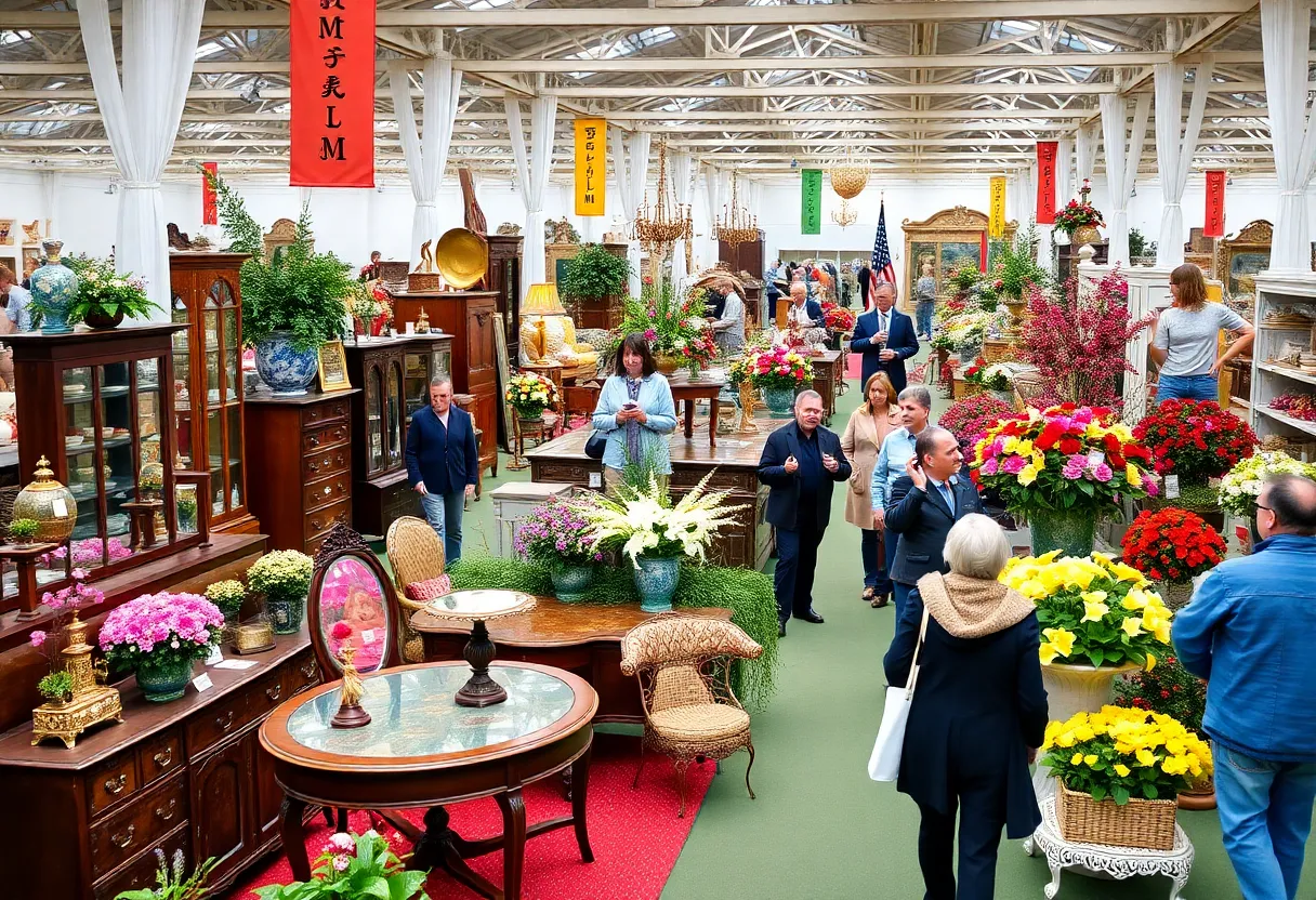 Exhibitors at the Nashville Antiques & Garden Show displaying antiques and floral arrangements.
