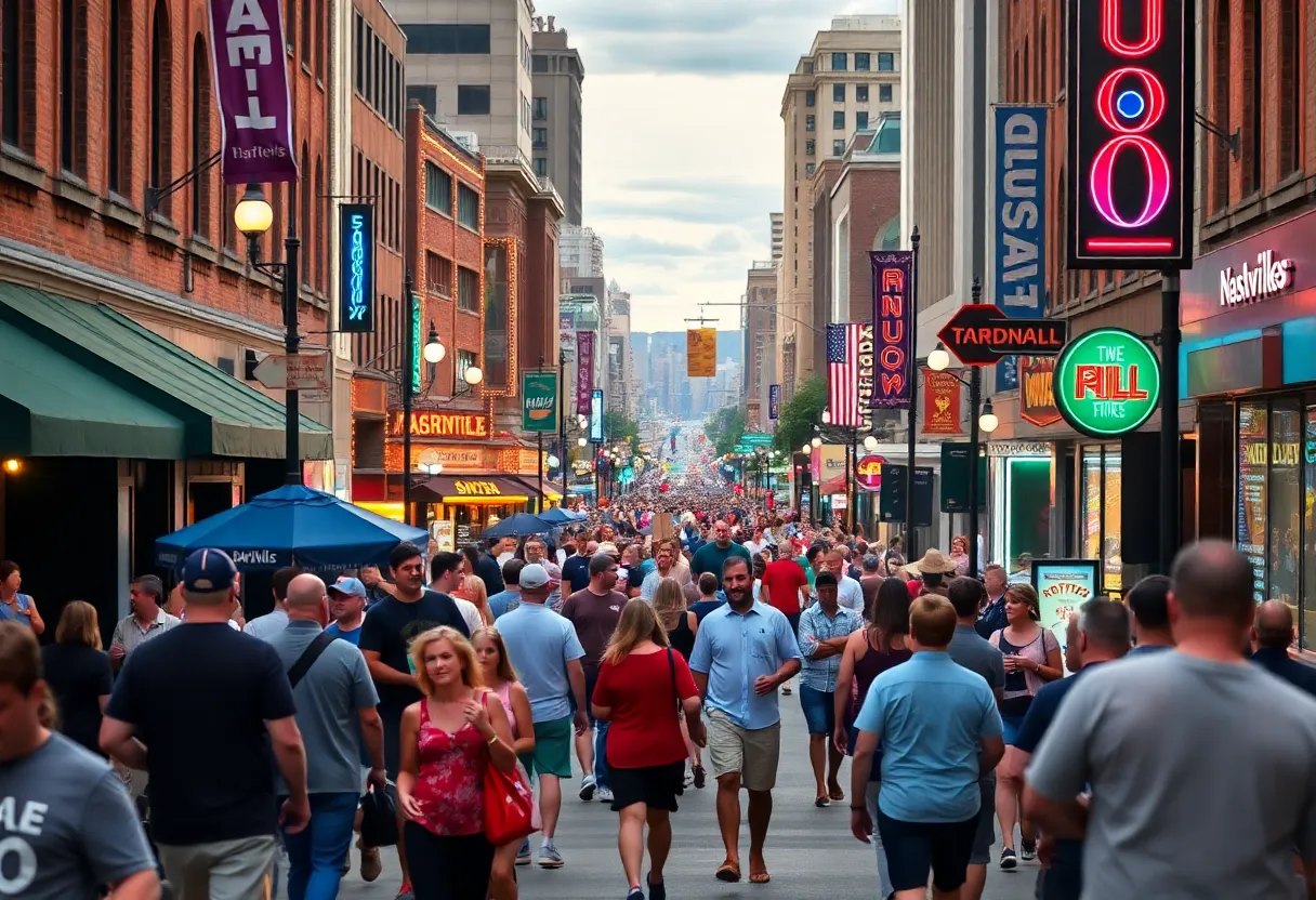 A busy Broadway street in Nashville filled with pedestrians and music, illustrating the lively yet concerning atmosphere.