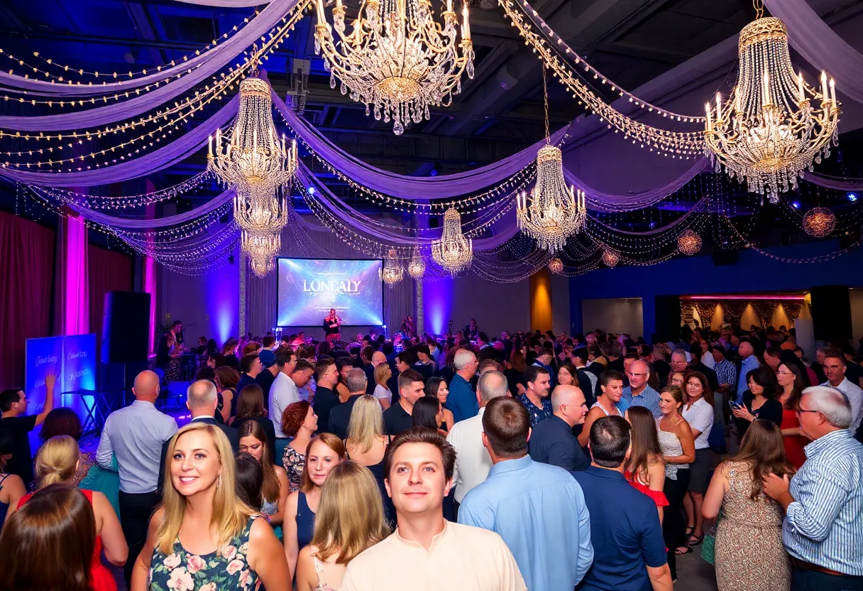 Crowd enjoying a Nashville charity event with festive decorations