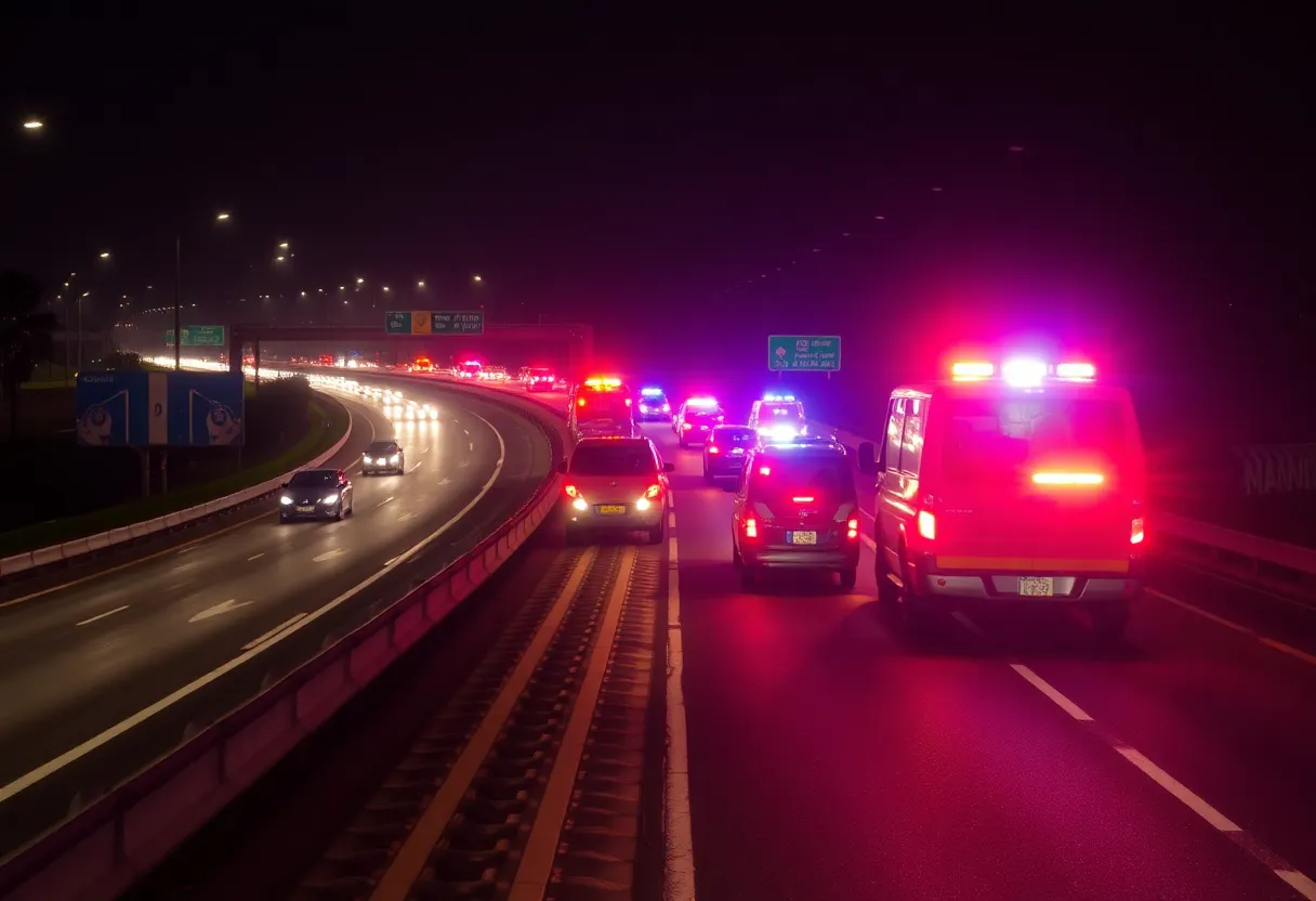 Emergency vehicles on a Nashville highway at night