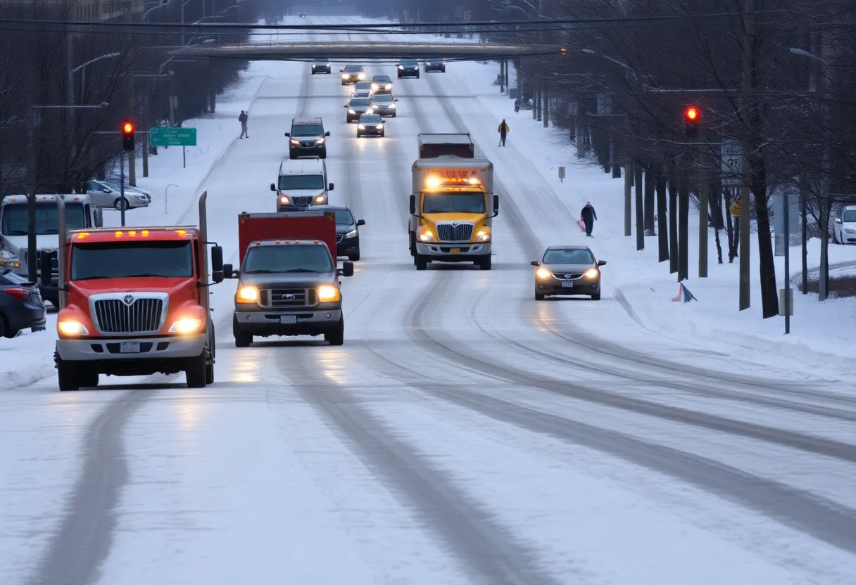 Icy roads with snowplow trucks in Nashville during winter