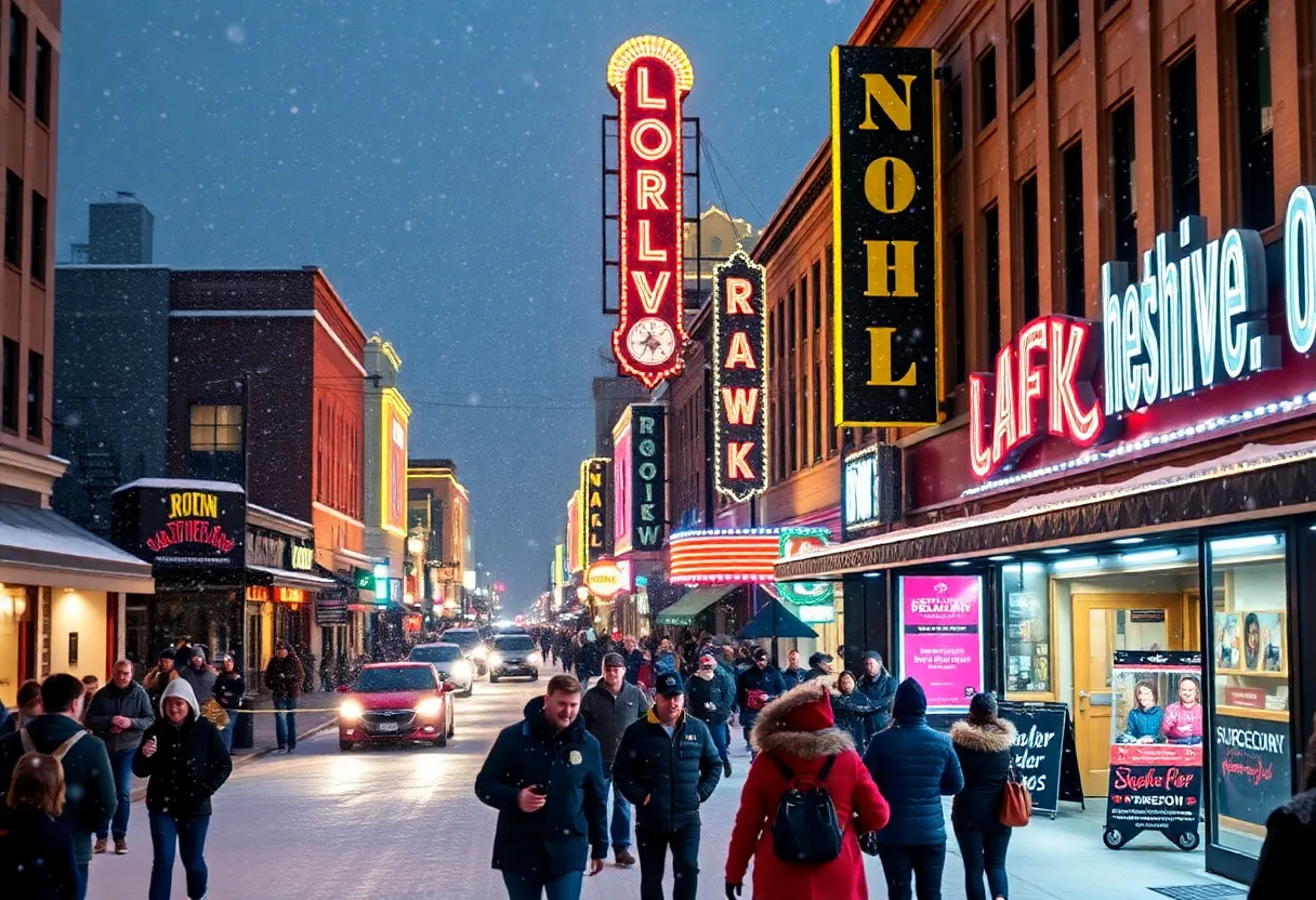 Lower Broadway in Nashville adorned with snow and festive lights