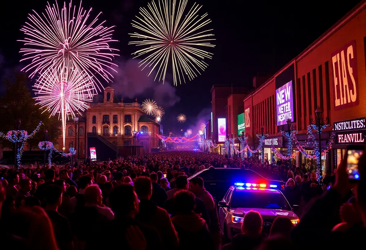 Crowd celebrating New Year’s Eve in Nashville with fireworks in the background.