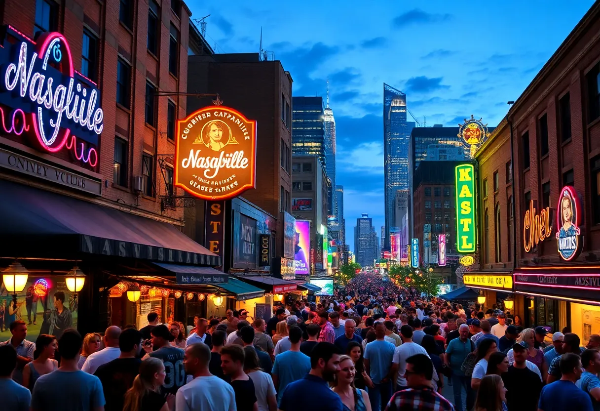A lively nightlife scene in Nashville with people enjoying music and entertainment