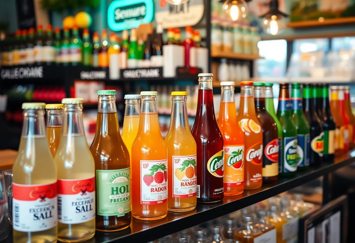 A variety of non-alcoholic drinks on display in a Nashville store