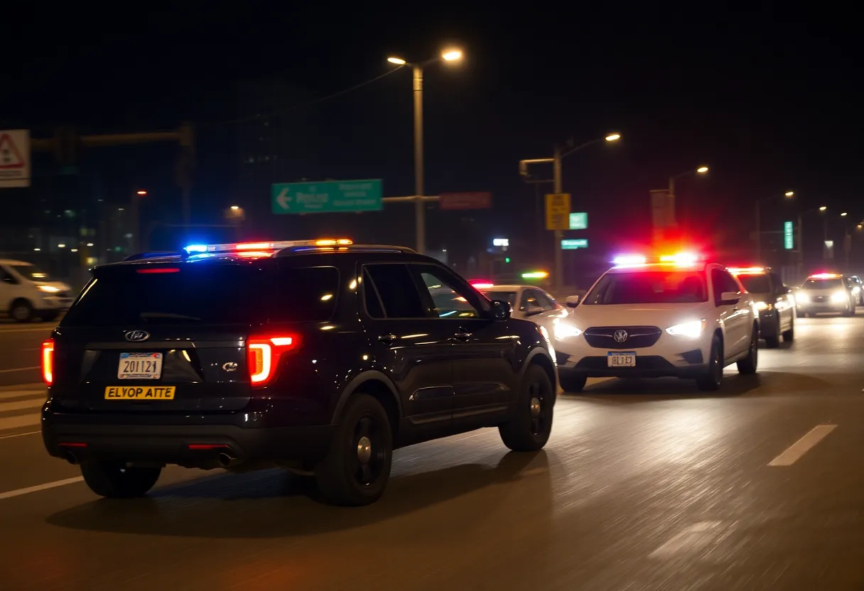 Police cars pursuing a stolen SUV at night in Nashville