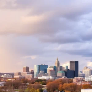 Nashville skyline with rain and sunshine in the background