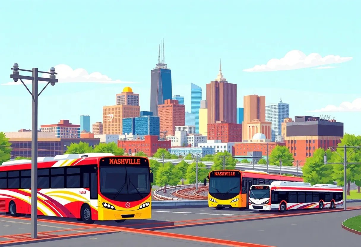 Illustration of Nashville's public transit system with city skyline