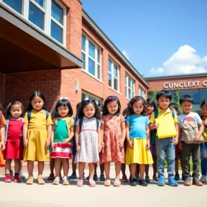 Diverse school children celebrating education choice outside a school.