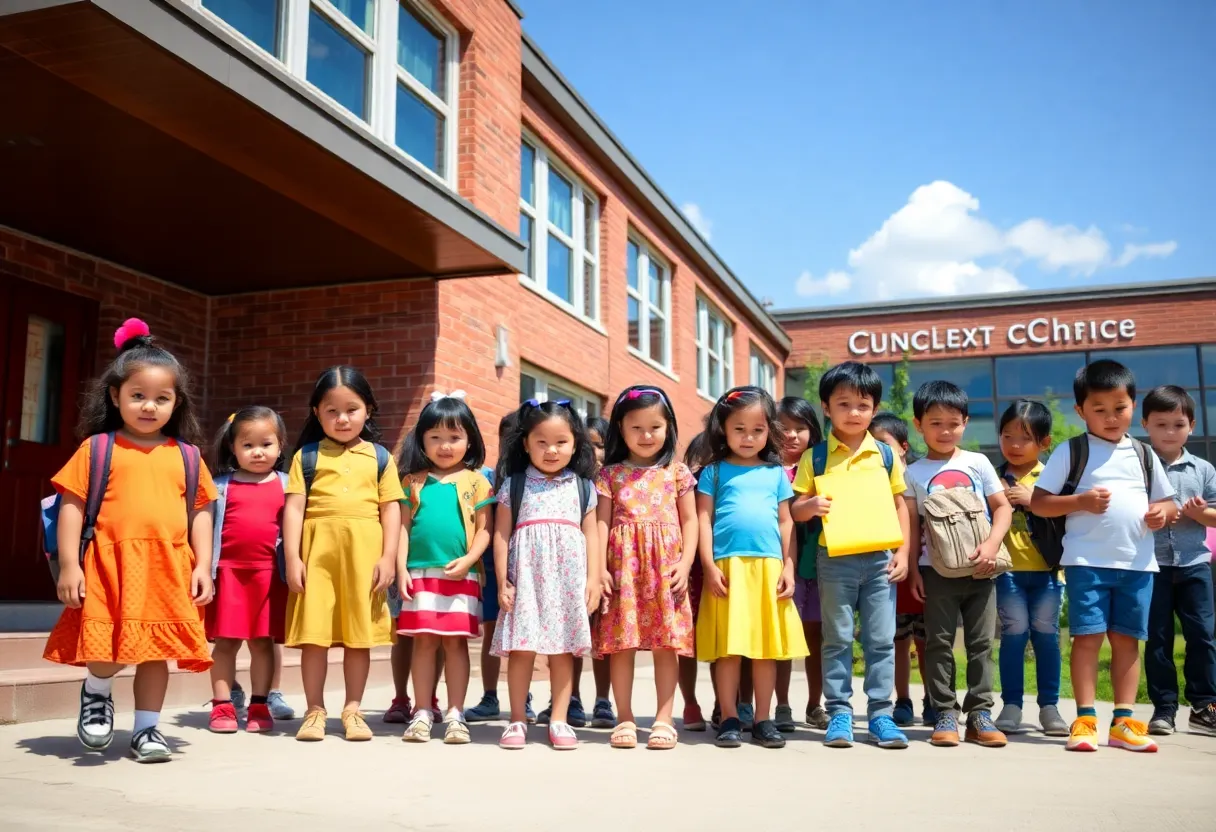 Diverse school children celebrating education choice outside a school.