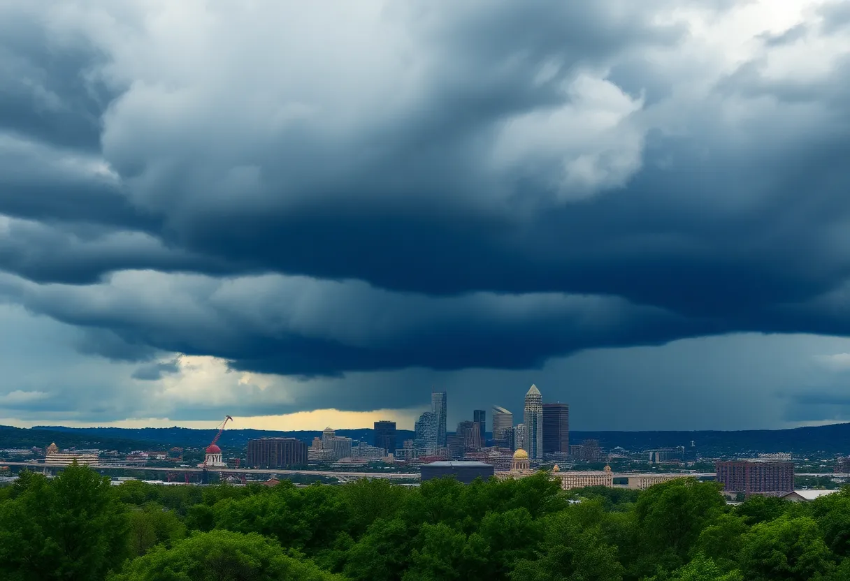 Nashville city skyline under severe weather conditions