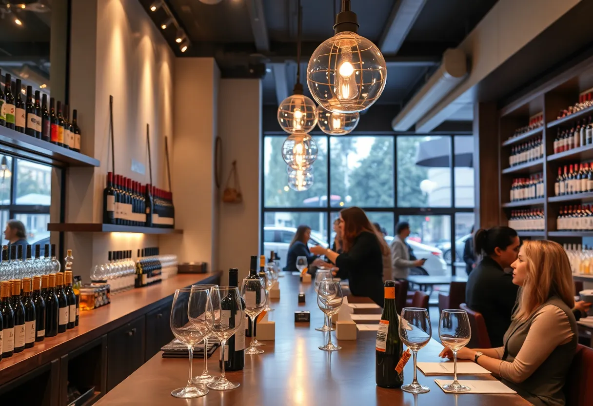 Interior of a modern wine bar filled with wine bottles and patrons enjoying drinks.
