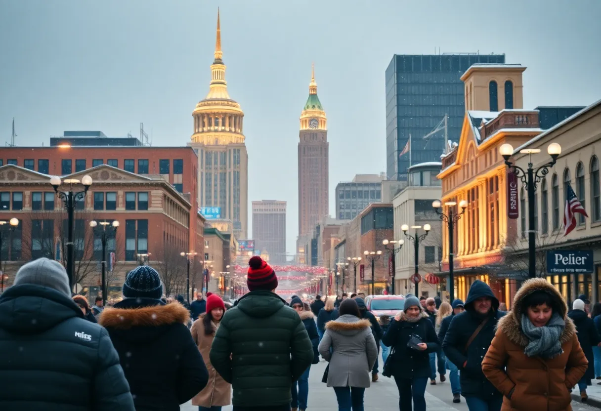 Winter scene in Nashville with snowfall and people wearing warm clothing