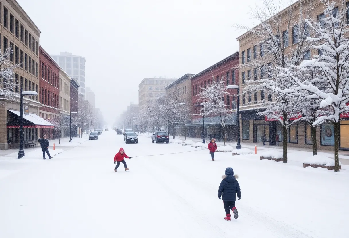 Snow-covered streets and children playing in the snow in Nashville