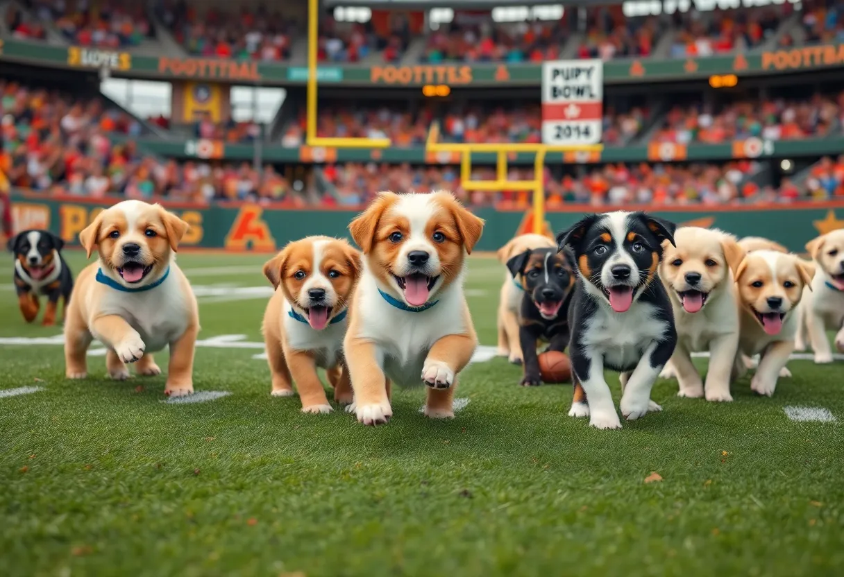 Adorable puppies participating in a puppy bowl event.