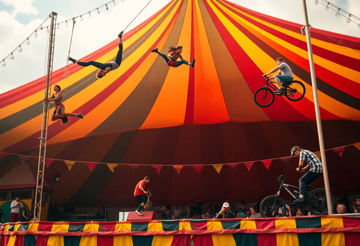 A vibrant performance from Ringling Bros Circus showcasing acrobats and BMX bikers.