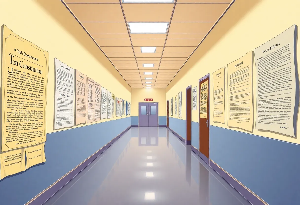 Display of historical documents in a school hallway