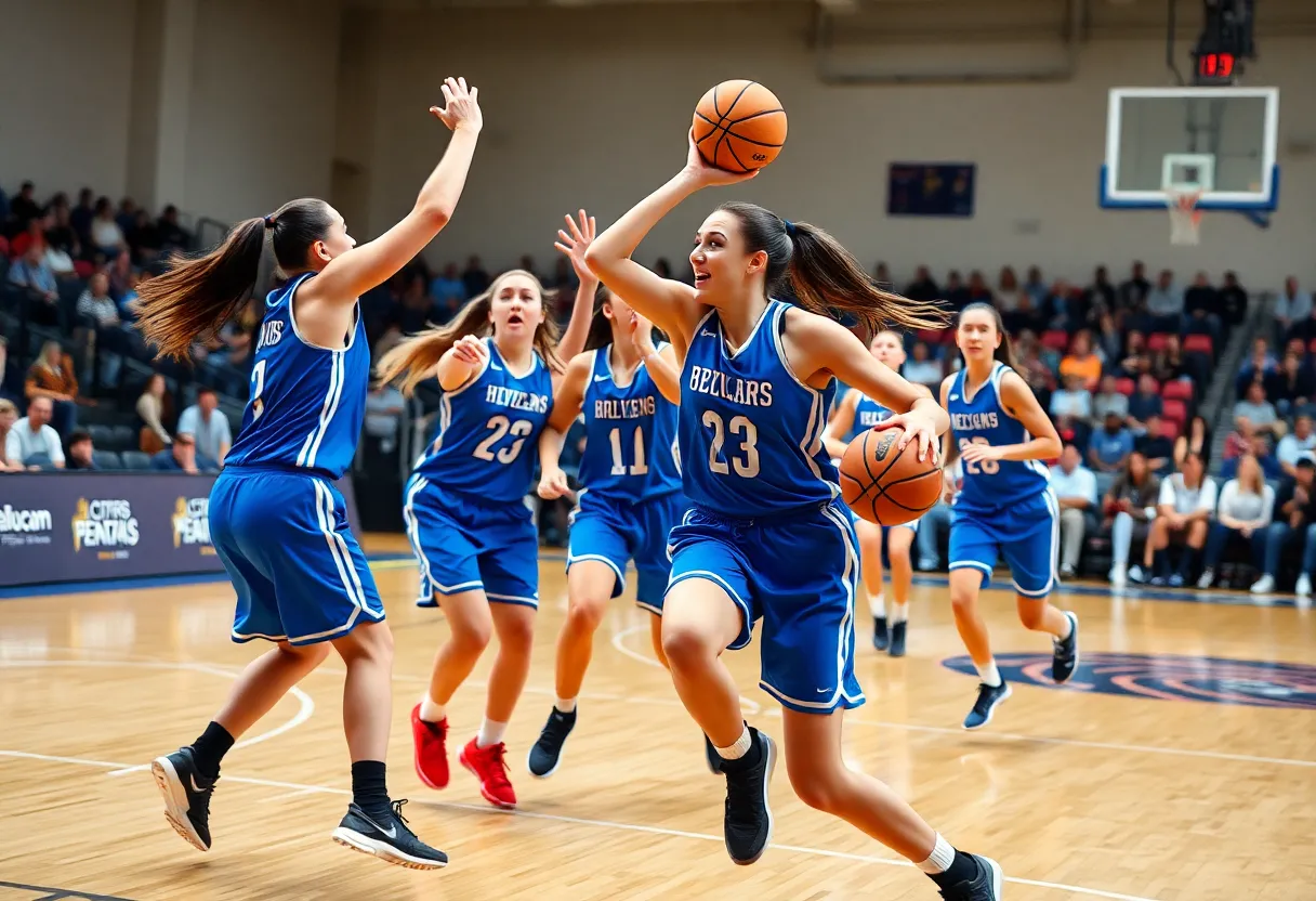 Female basketball players on the court during a game