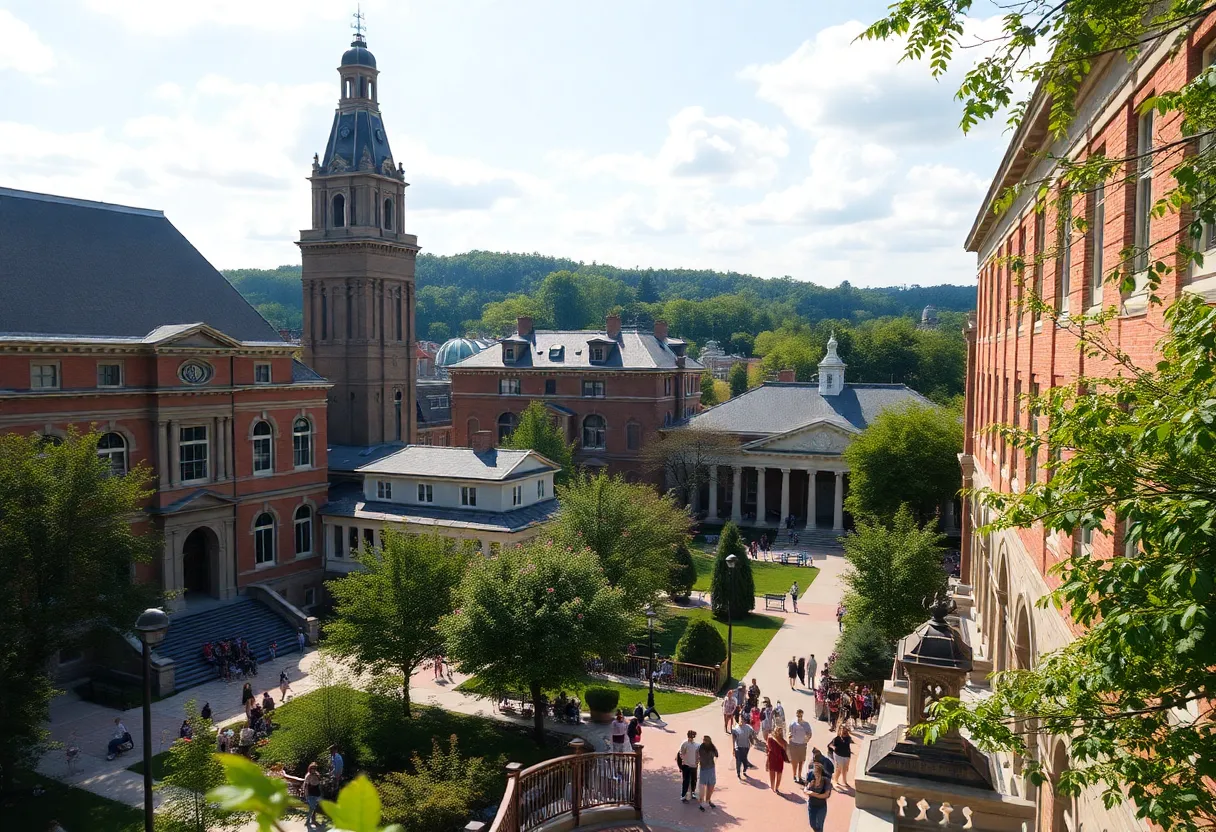 View of Vanderbilt University campus highlighting historical architecture and students.