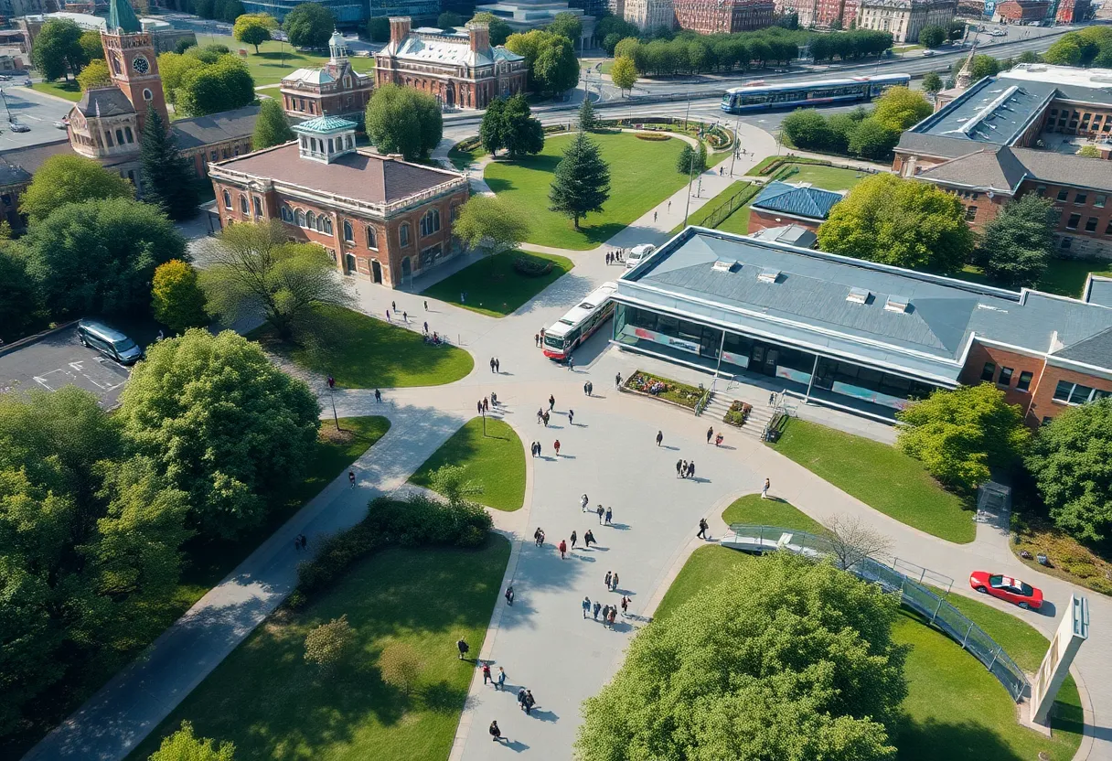 Students using public transit and walking on Vanderbilt University campus.