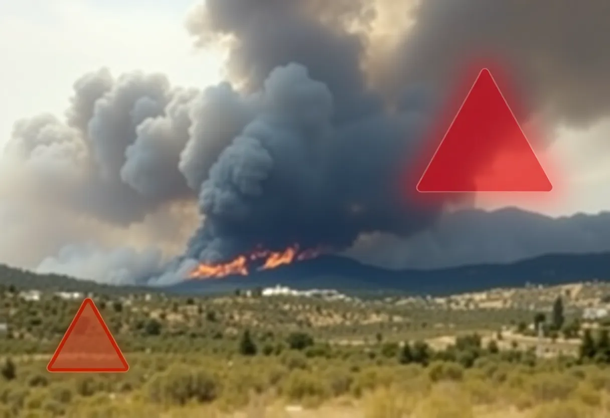Wildfires in Los Angeles County with emergency alert symbols