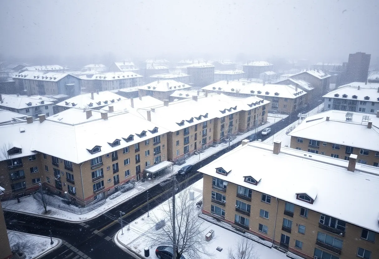 Snow-covered urban landscape during a winter storm