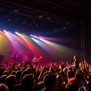 Audience enjoying Alabama Shakes concert with vibrant stage lights