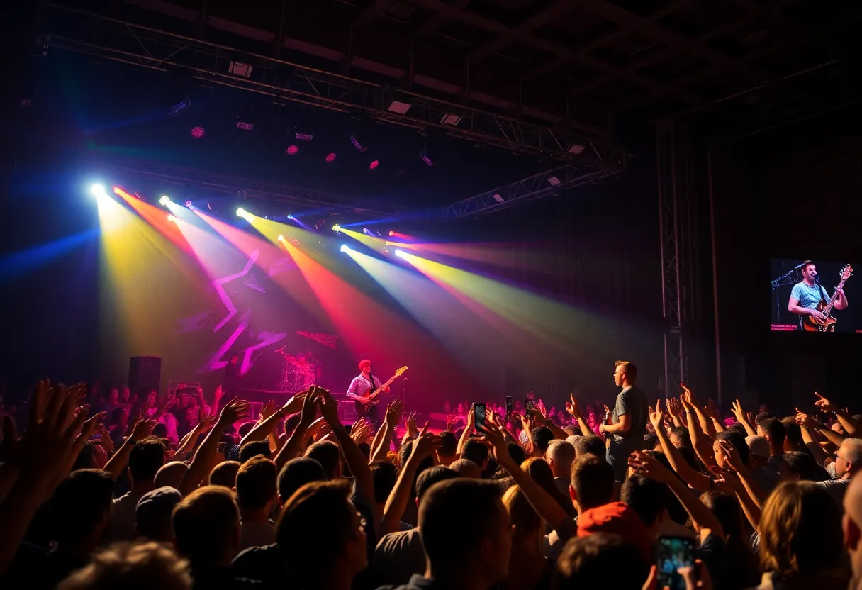 Audience enjoying Alabama Shakes concert with vibrant stage lights