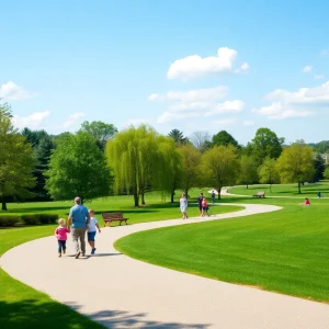 Scenic view of Brookmeade Park with families walking on newly repaved paths