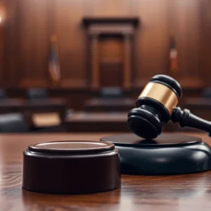 A gavel in a courtroom symbolizing legal proceedings